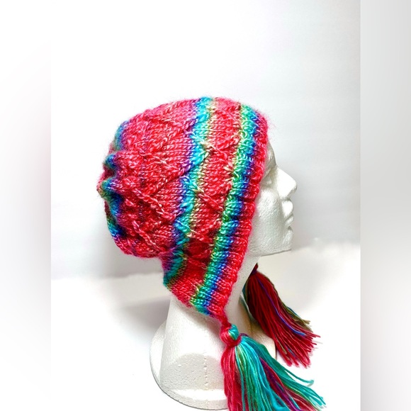 HAND KNIT Brightly Color Stripe Fun Bonnet Beanie with Tassels, Fun Cabled Hat - Picture 1 of 10